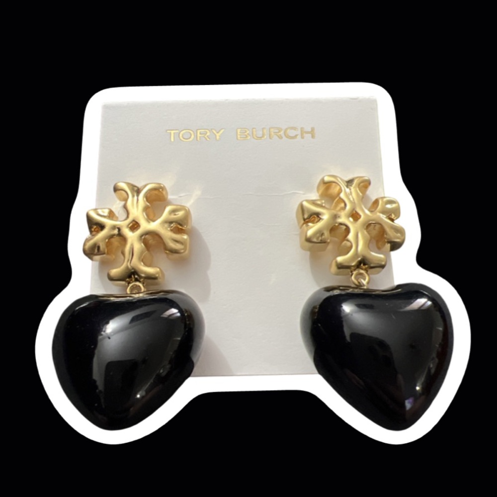 Tory Burch Roxanne Gold-Tone / Resin Black Heart Earrings